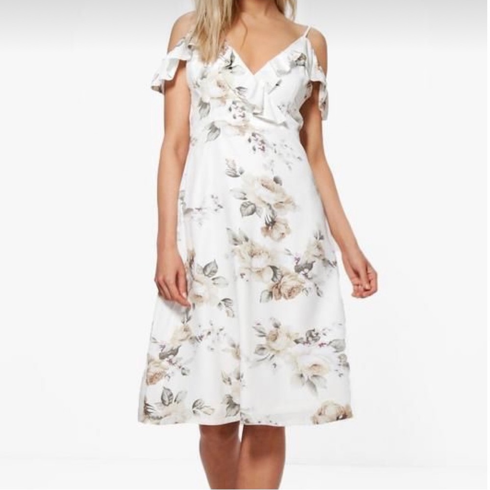 Boohoo Night Juanita cold shoulder floral frill midi skater dress - Picture 3 of 16